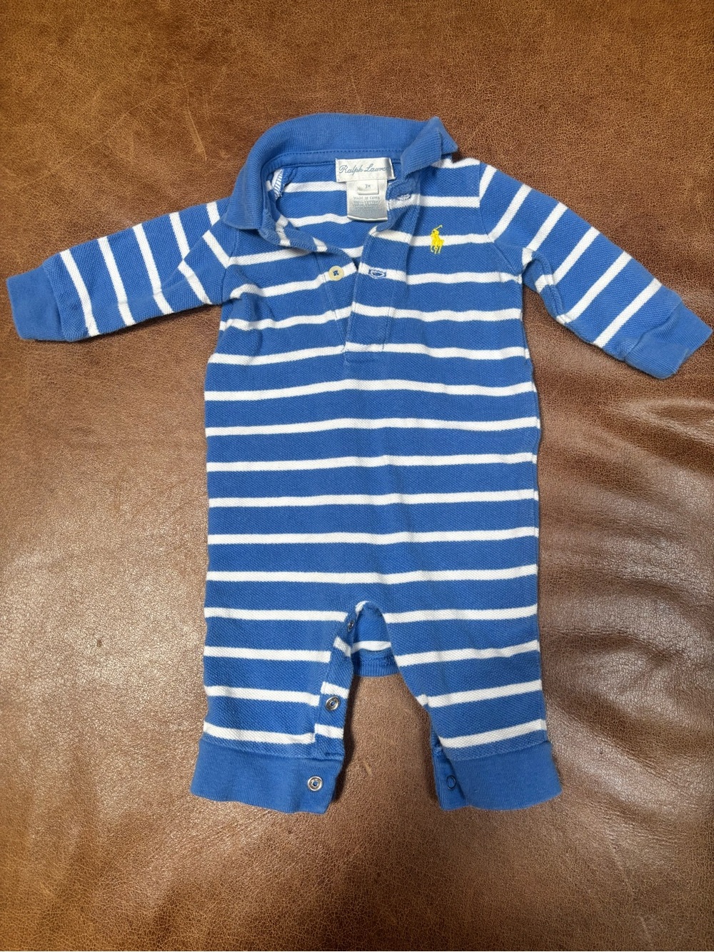 Ralph Lauren Blue and White Striped Polo Footie